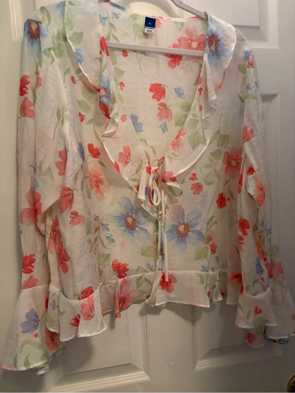 Old Navy White Floral Tie-Front Ruffle Blouse with Coral & Blue Flowers - XL